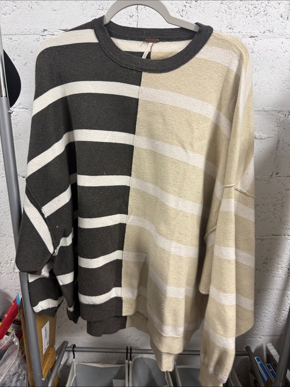 Free People Size Small Two-Tone Striped Crewneck Sweater Black & Cream Oversized